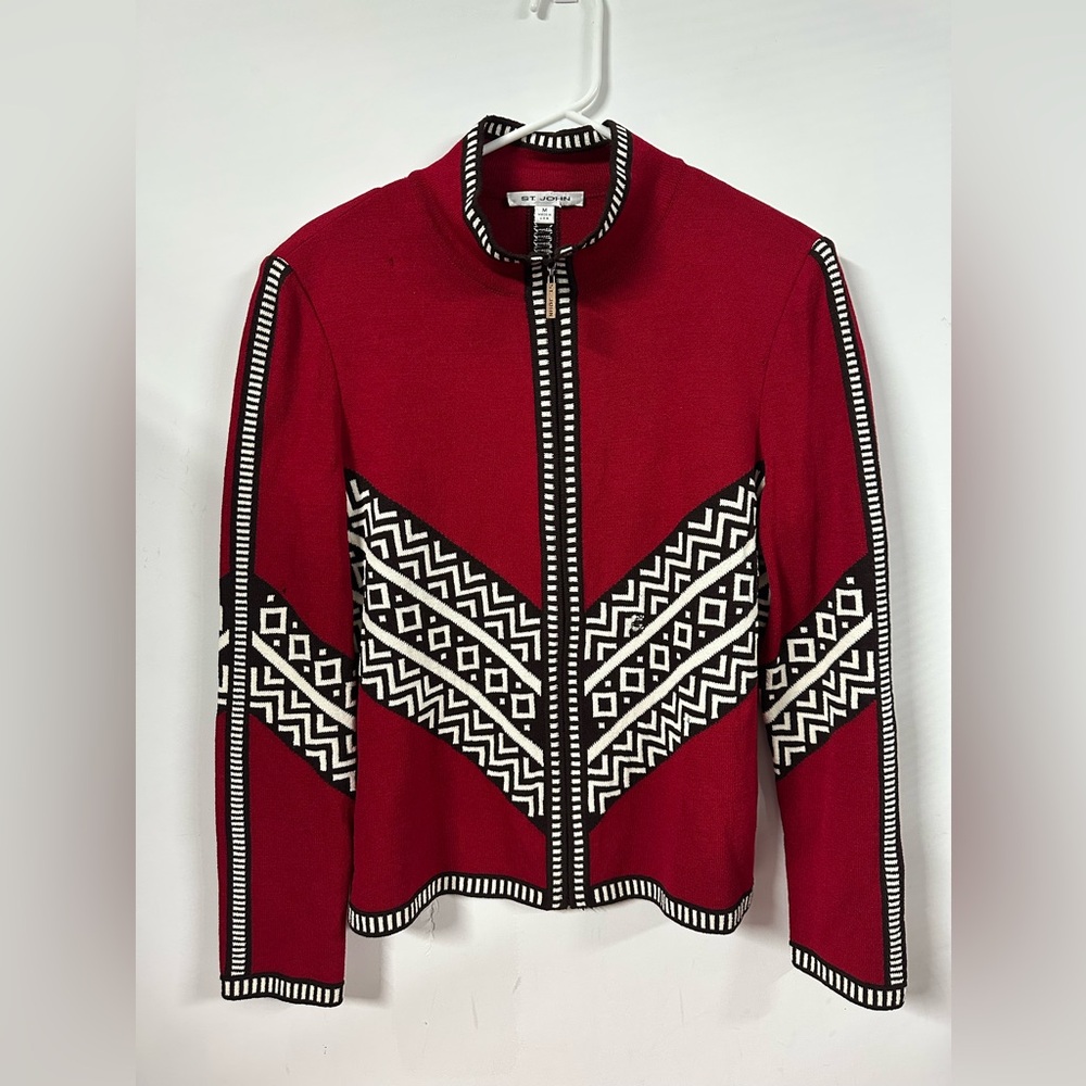 St. John Jacket Medium Red Knit Striped Full Zip USA Career Modern